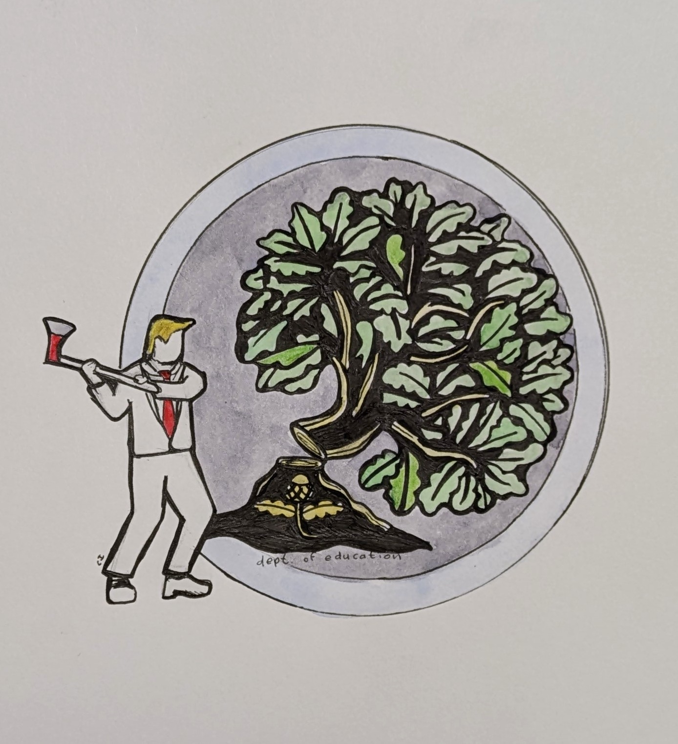 Political cartoon showing Trump cutting down Department of Education tree