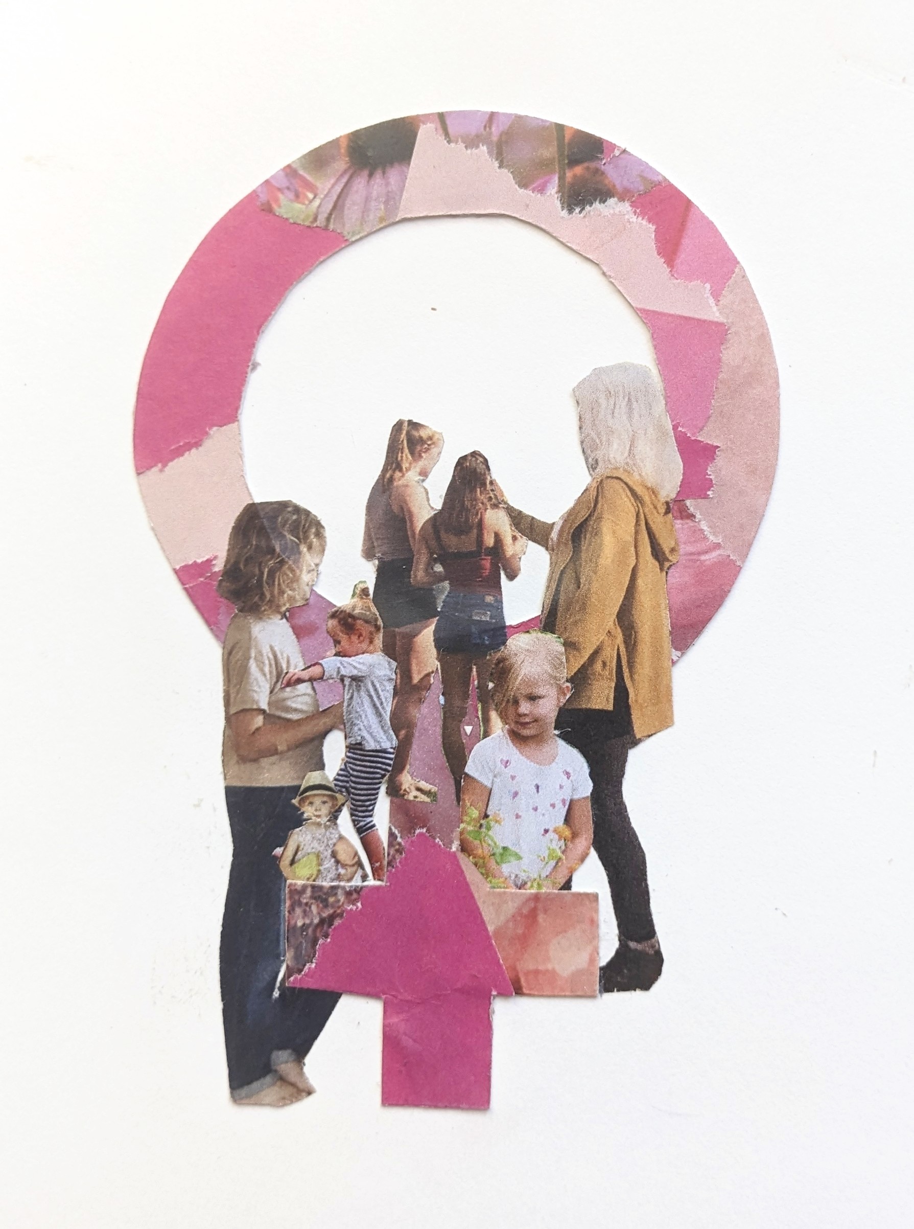 Mixed media collage showing women and girls through female symbol keyhole