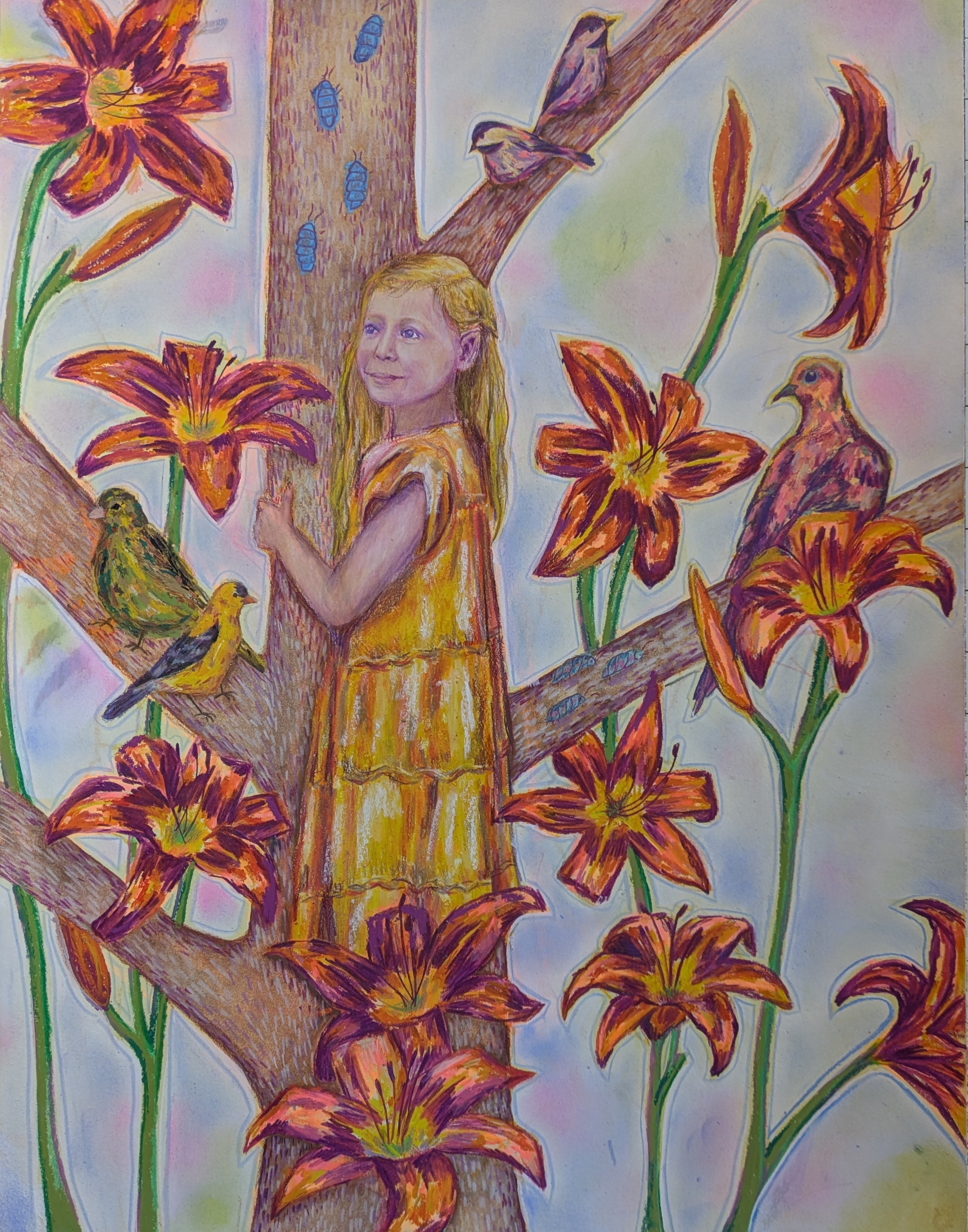 Self-portrait surrounded by birds and flowers